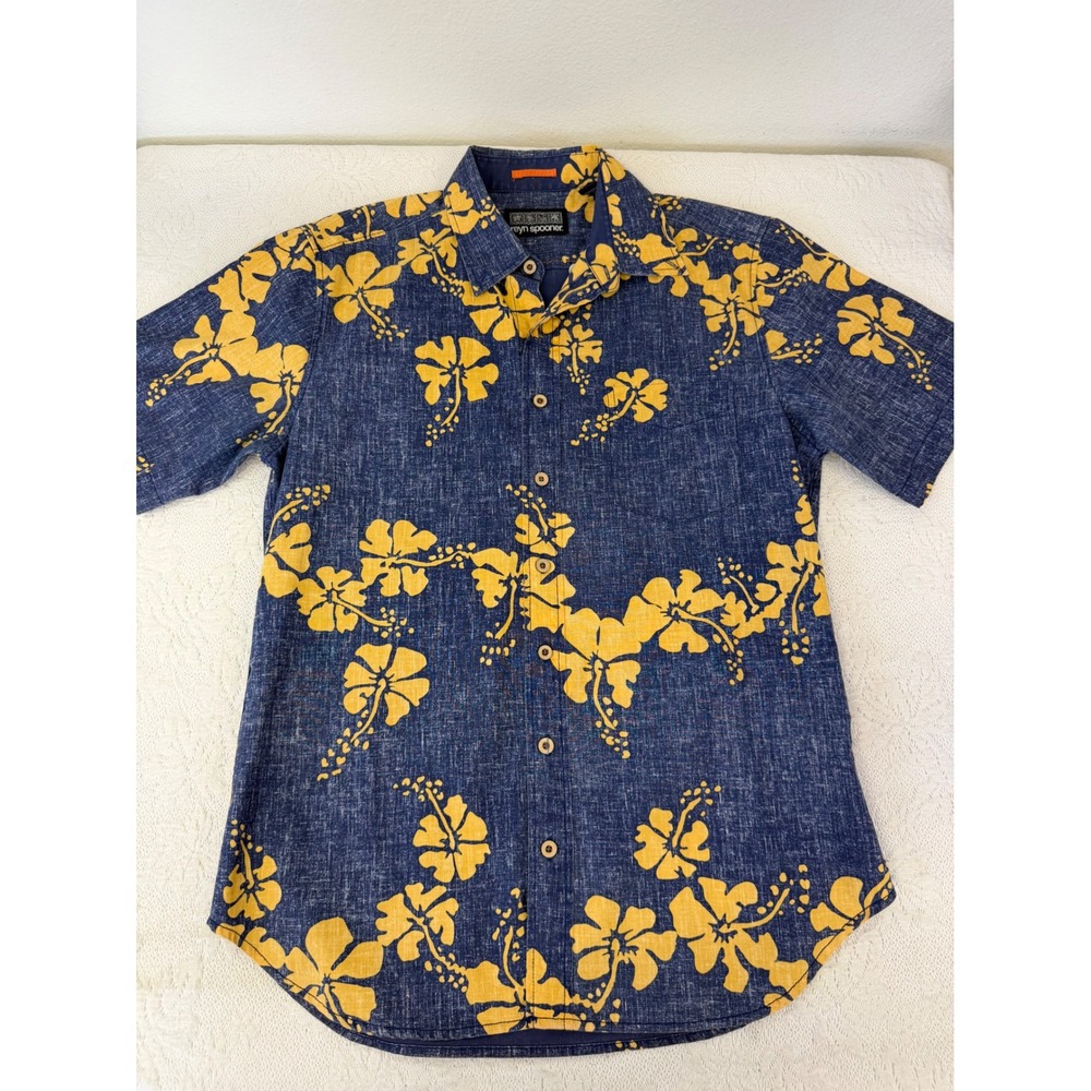 Reyn Spooner Mens Blue Yellow Hibiscus Floral Button Down Shirt M 05277-00